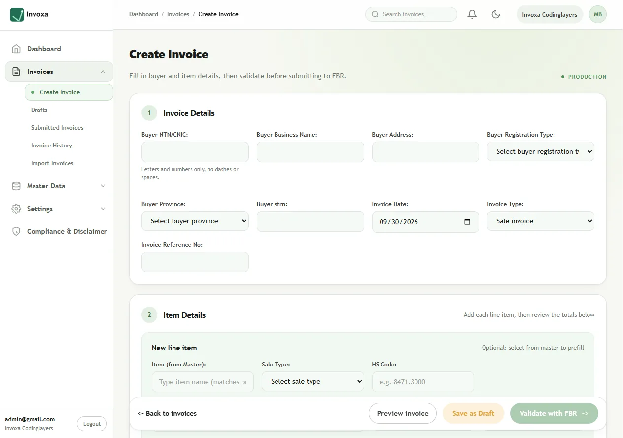 Invoxa Create Invoice screen showing buyer details, invoice fields, and line item entry with FBR validation actions