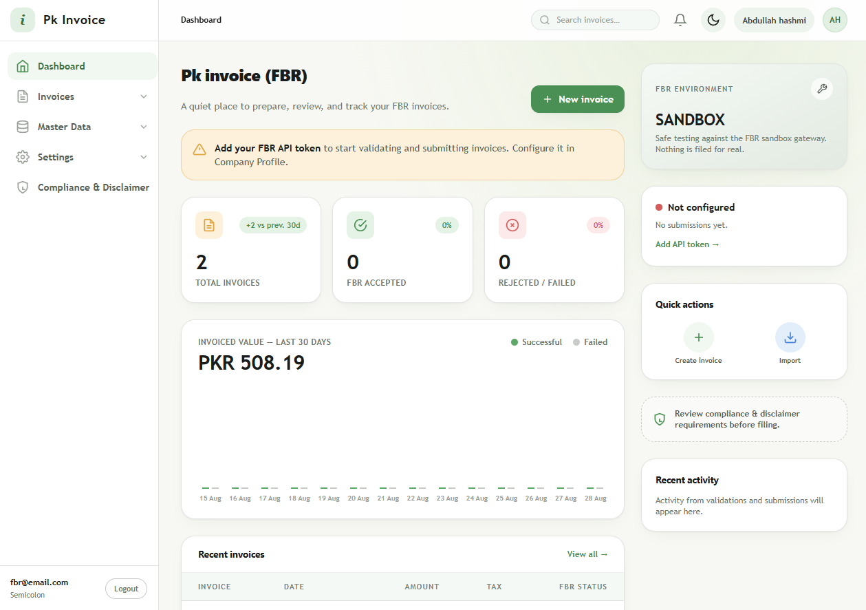 Invoxa dashboard showing invoice metrics, FBR sandbox environment status, quick actions, and recent activity